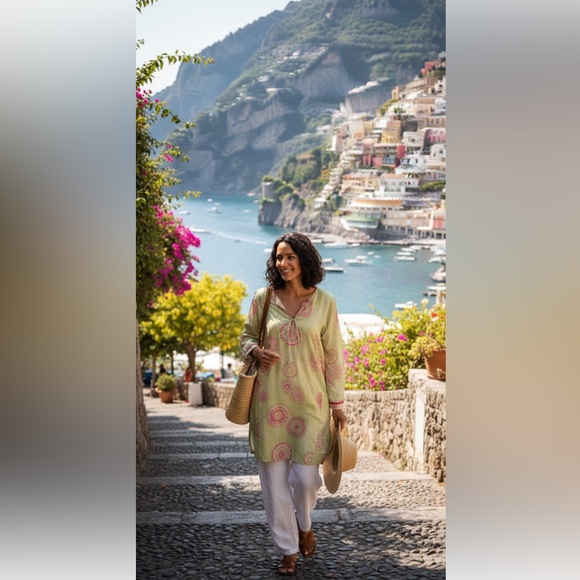 Oscar de la Renta Pink Label Medallion Print Tunic Kaftan Green Pink Size M - Picture 3 of 9